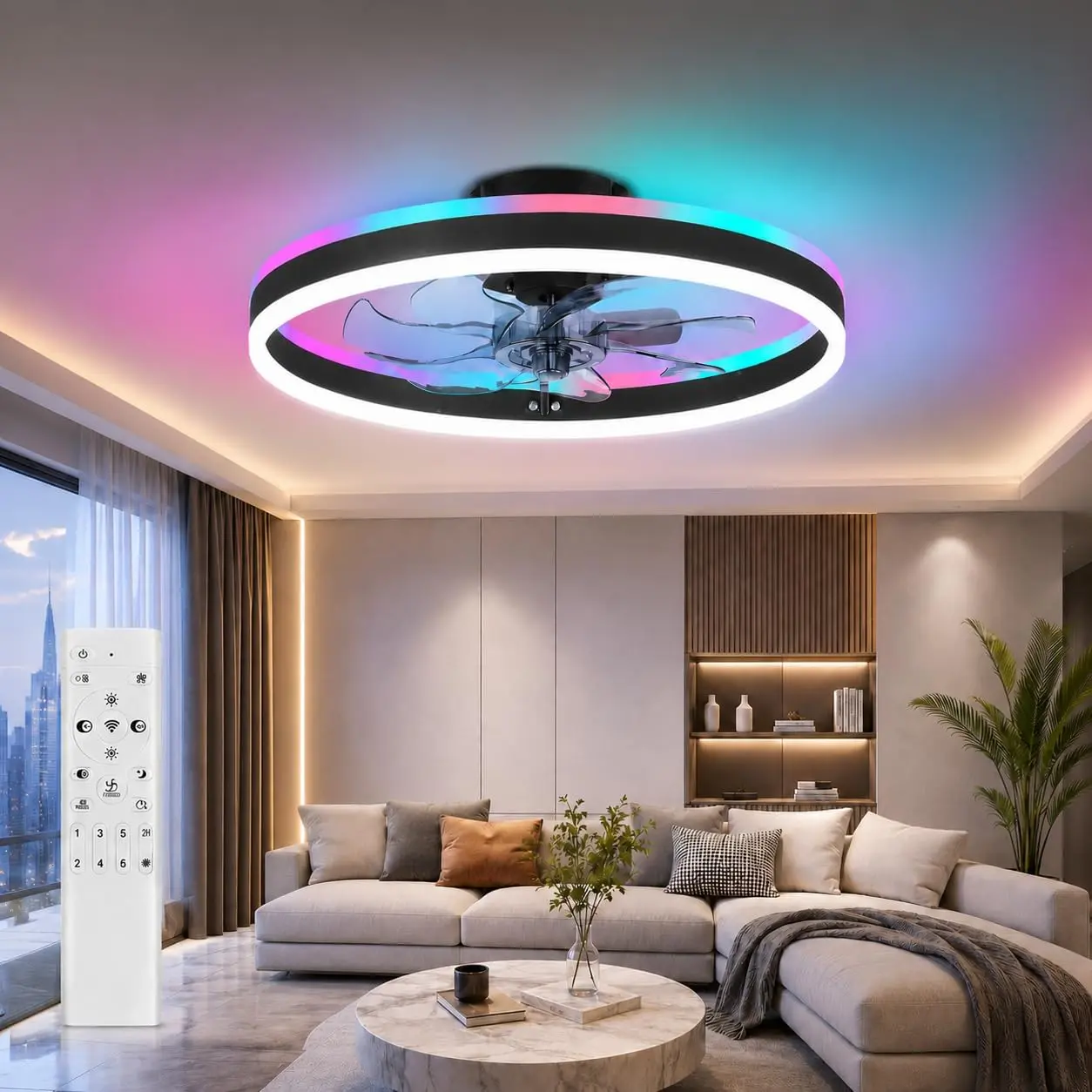 Integrated Ceiling Fan with Light and RGB, Low Profile Flush Mount Ceiling Fan, Metal & Acrylic Fandelier for Bedroom Living Room, Black | RGB Integrated LED Ceiling Fan Light, Low Profile Black Flush Mount Ceiling Fan with Acrylic Shade, Modern