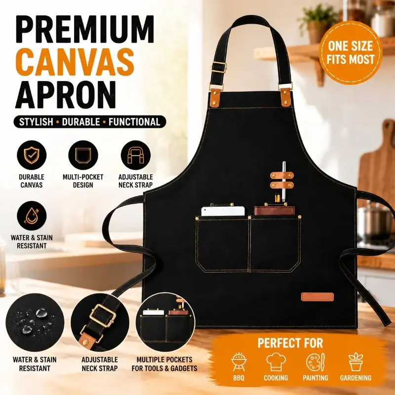 Heavy-Duty Cross-Back Tool Apron with Pocket, Ergonomic Design with Cotton Straps for Chefs, Artists & Baristas, Buckle, Pockets, Plain