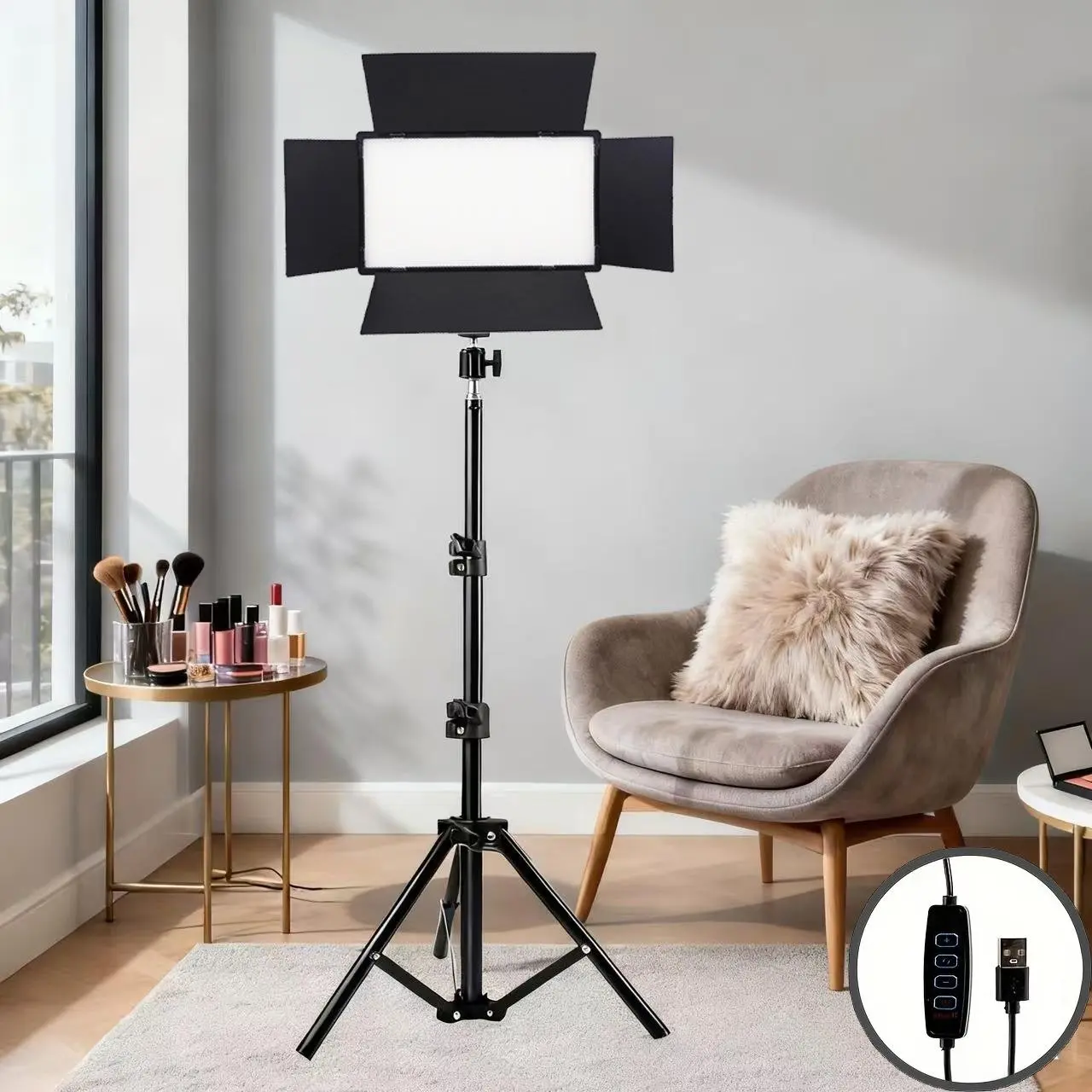 LED Video Photography Ambient Light, 9 Inch Square, 43 Inch Tripod, USB Powered, 3 Adjustable Light Colors, 4 Leaf Diffuser, Live Streaming Selfie Dedicated