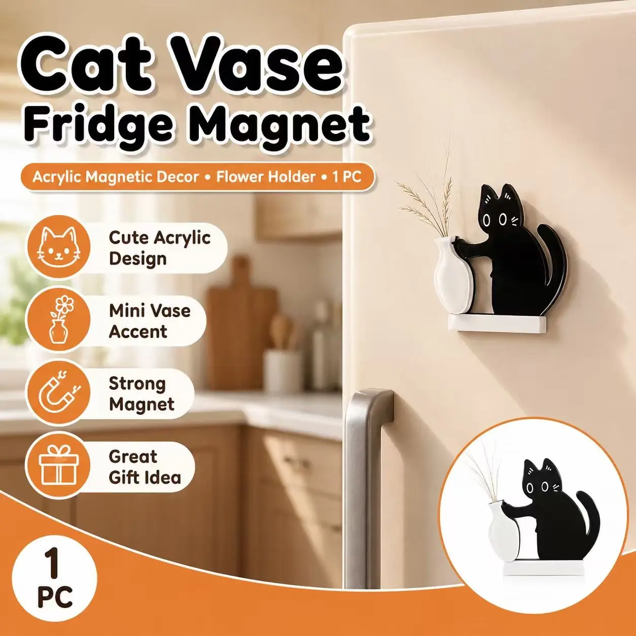 Cat Vase Fridge Magnet Set, Acrylic Magnetic Refrigerator Stickers, Flower Holder, Multi-Purpose Gift for Friends