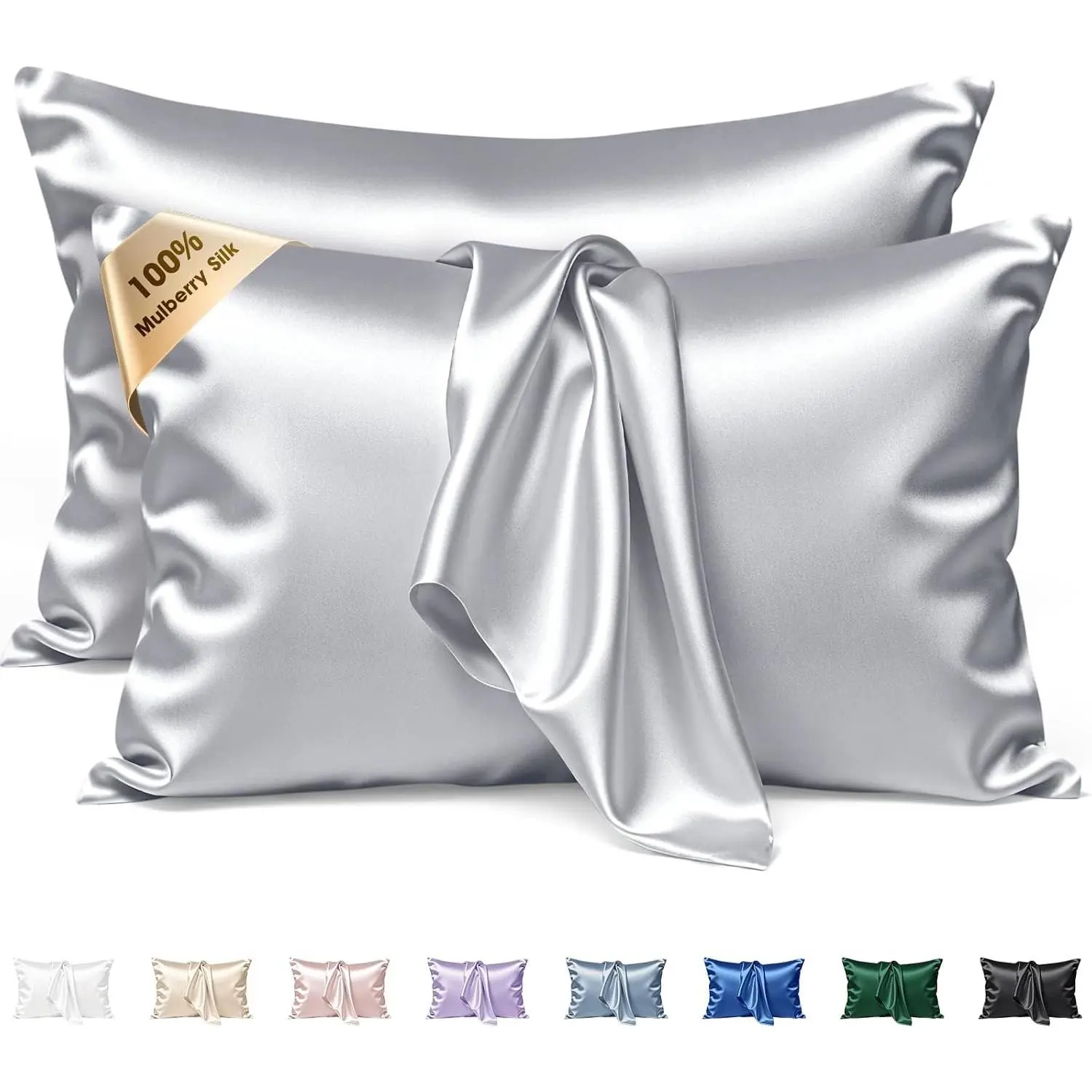 Silk Pillow Cases 2 Pack Queen Size Mulberry Silk Pillowcase Set of 2 for Hair and Skin 30 x 20 Inches 22 Momme Both Side Grade 6A Silk Soft Breathable Cooling with Hidden Zipper, GreyGift.