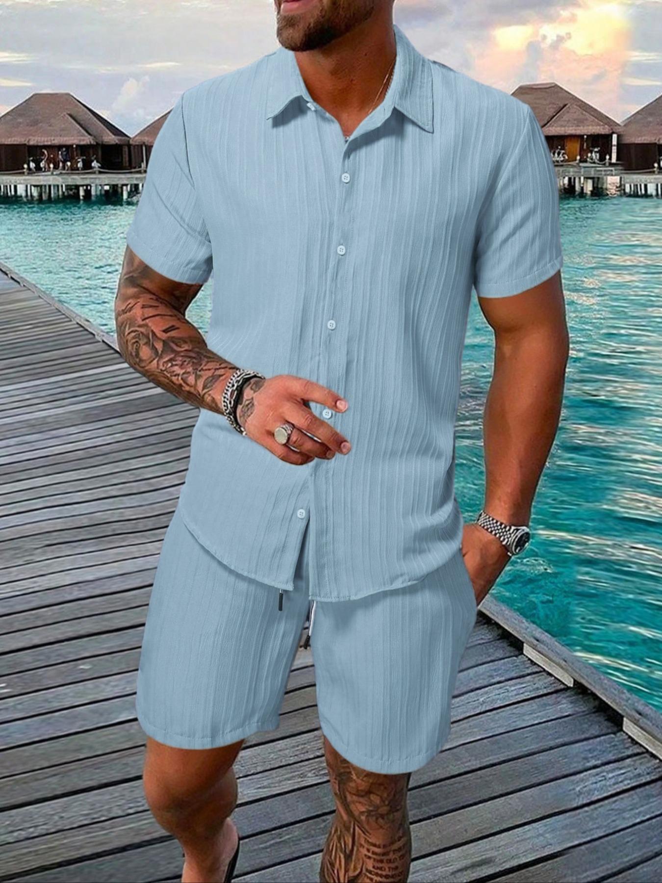 Two-Piece Set Men's Regular Fit Solid Textured Breathable Short Sleeve Shirt & Shorts, Casual Summer Set for Men, Mens Clothes for Beach Vacation