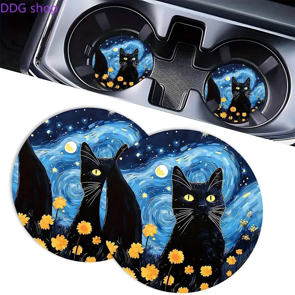 Starry Night Black Cat Car Cup Holder Coasters, Van Gogh Art Absorbent Rubber Mat, Cute Sunflower Aesthetic Vehicle Interior Decor Gift 2pc