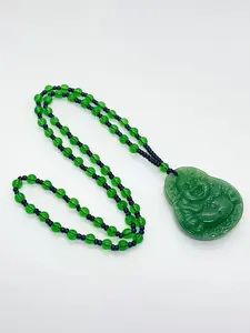 Vintage Buddha Statue Guanyin Guardian Faith Pendant Necklace, Hand Carved Retro Beaded Jewelry, Unisex Accessory, Crafted with Care