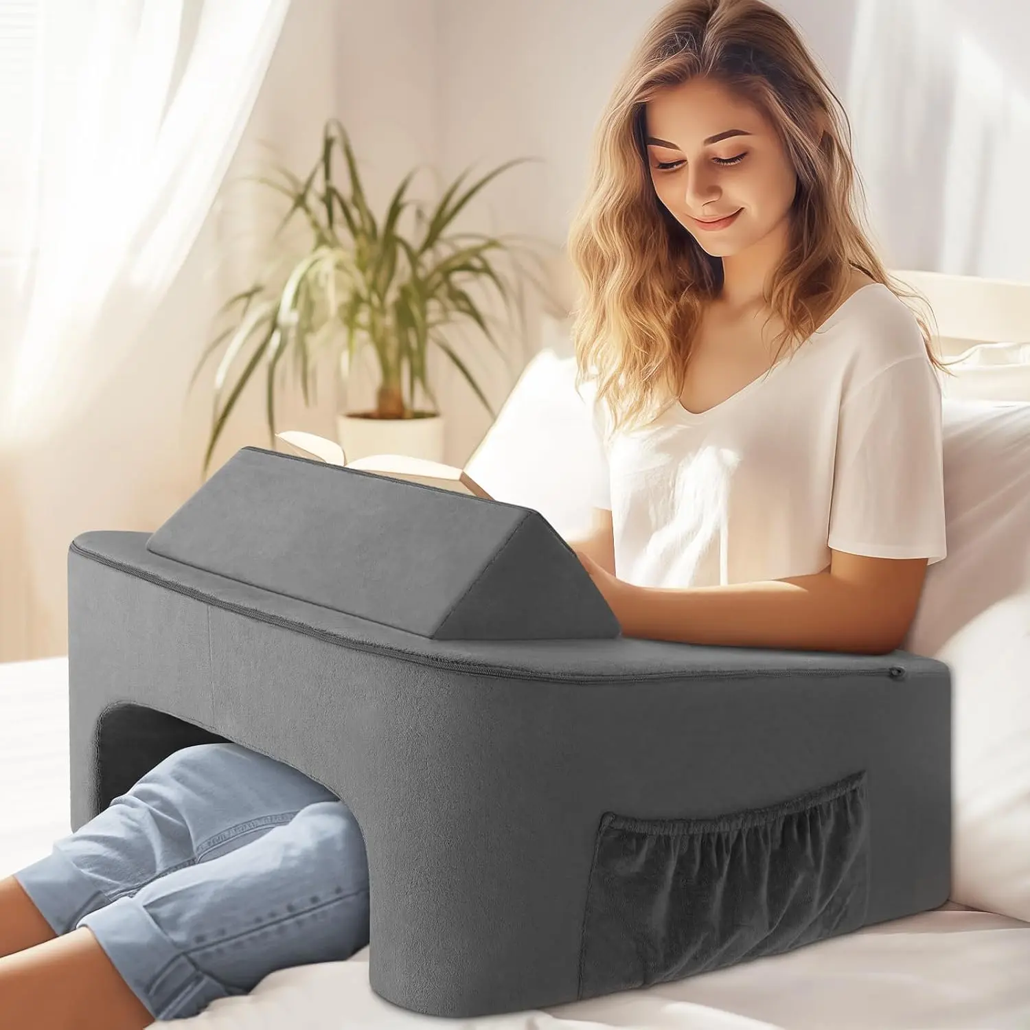 Reading Pillow for Sitting in Bed, Pillow for Bed Sitting |  Memory  Gaming Pillow, Lap Pillow with Triangular Pillow, Bed Desk for Laptop and Writing/Gaming, Grey