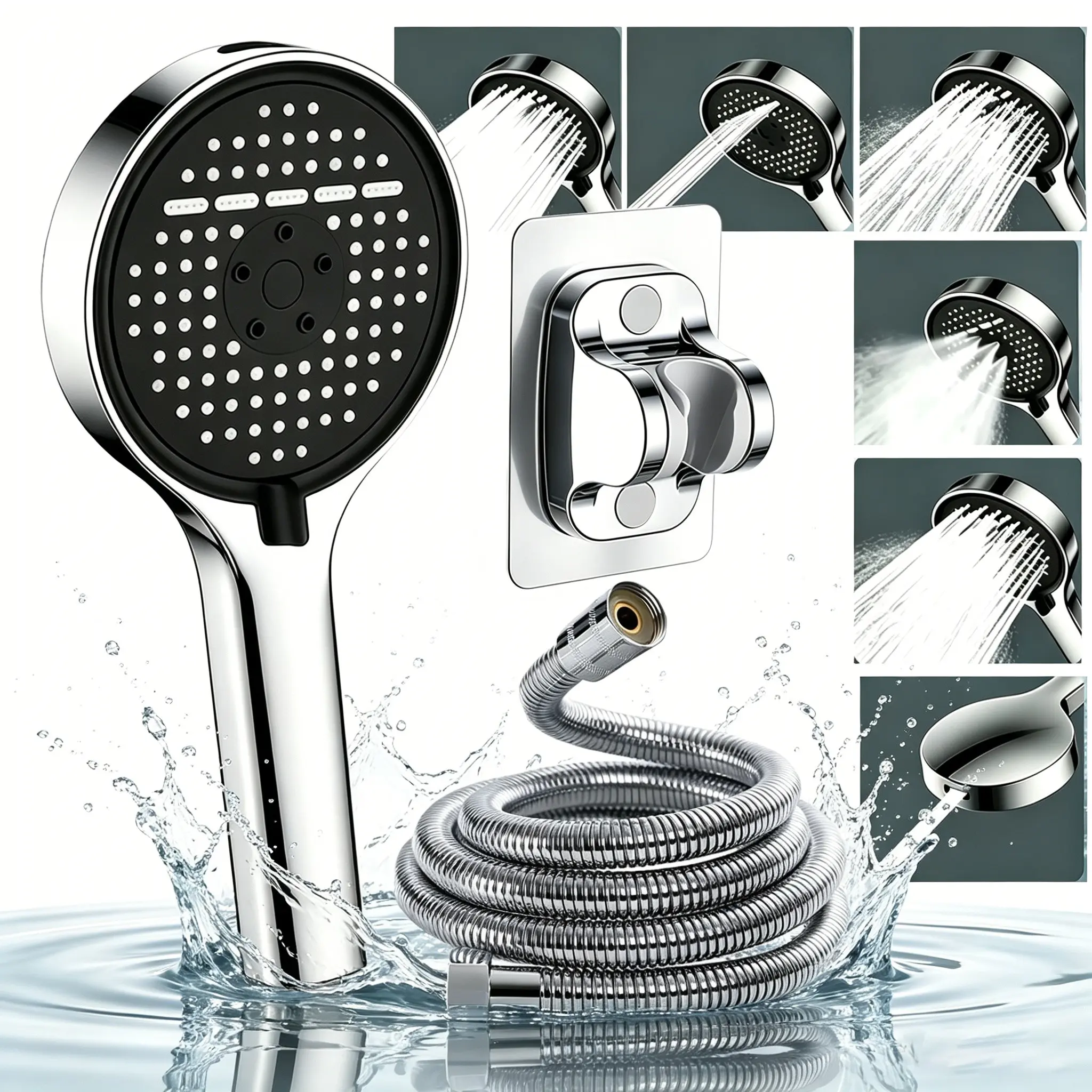 Luxury Detachable Shower Head Set, 6-Mode High Pressure Handheld Shower, Anti-Clog Nozzle, Hose, Self-Stick Bracket, Easy Installation, Detachable Showerhead