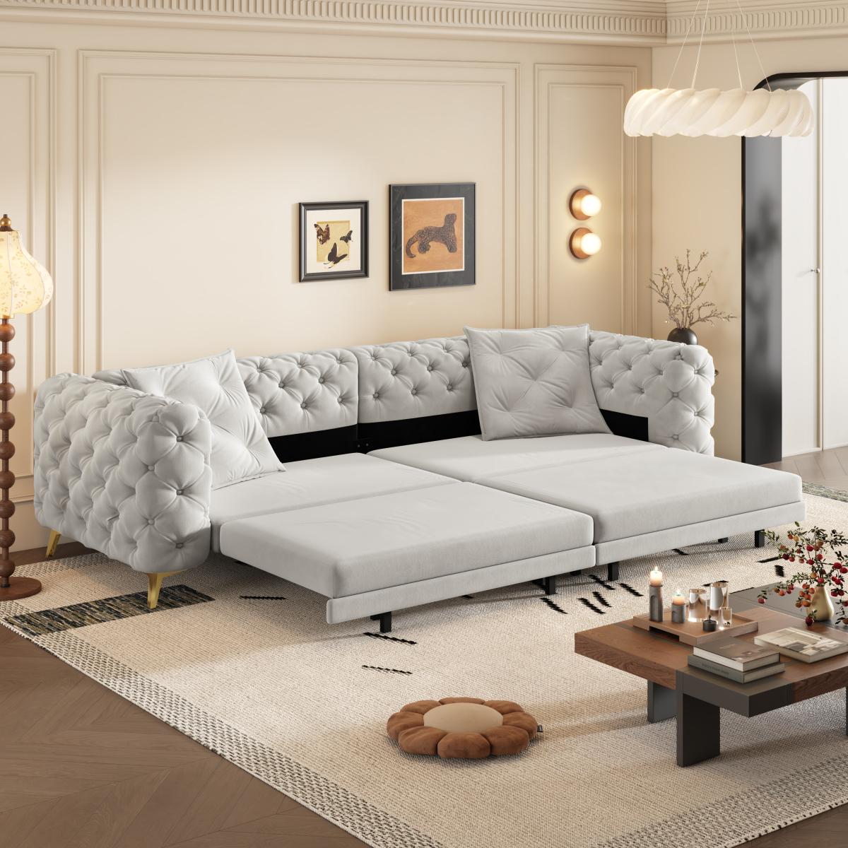 97.7" 3-in-1 Convertible Sleeper Sofa,28.4" Deep Seat Pull Out Sofa Bed,Button Tufted Modern Sofa,4-Seater Couch with Movable Ottoman  for Apartment,Office,Bedroom,Light Grey(Old SKU:W1885S00203)    RR
