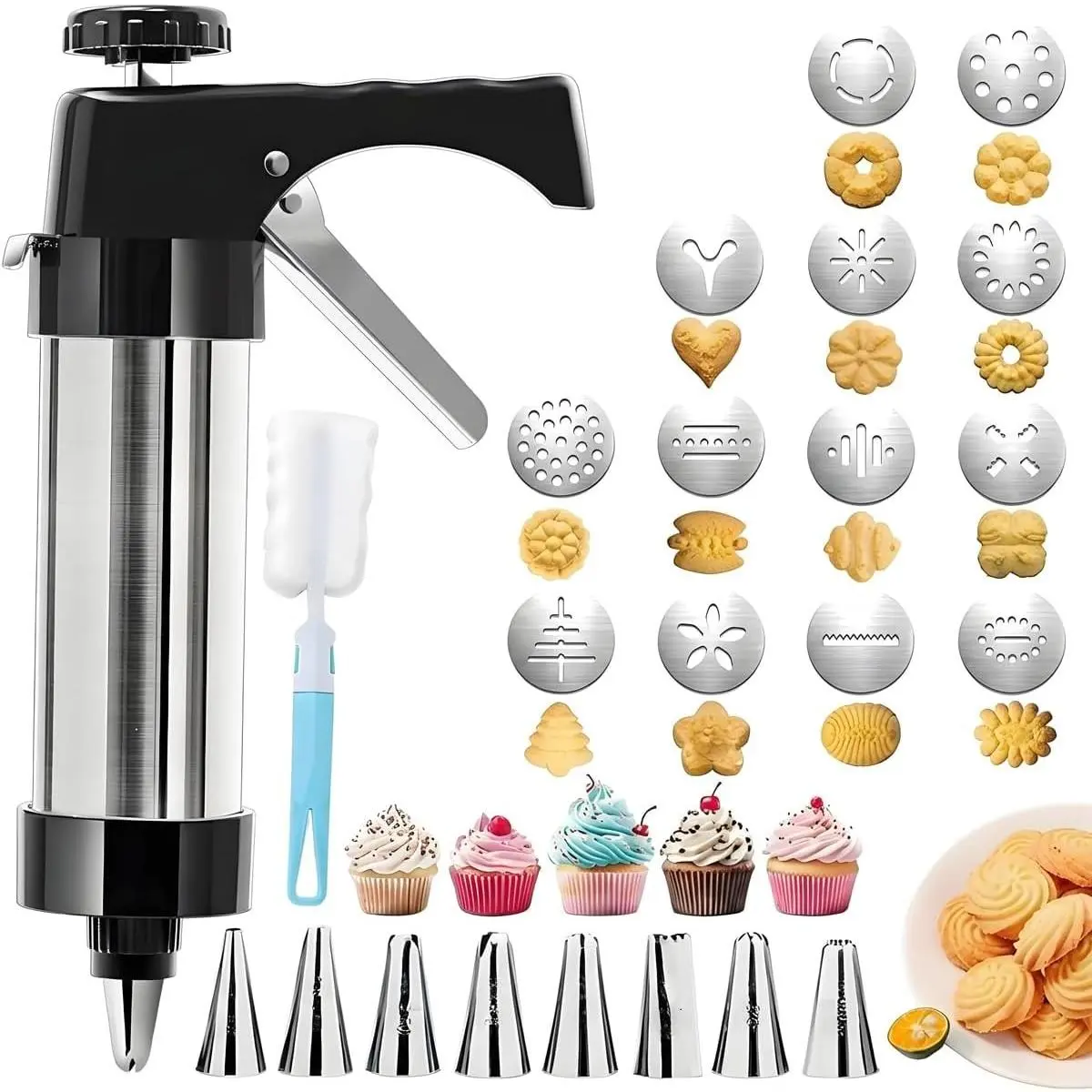 Stainless steel cookie press, cookie press gun set with 13 cookie press plates, a sponge brush and 8 piping nozzles, ideal for DIY Christmas cookies and decorative cookie nozzles, gift for women