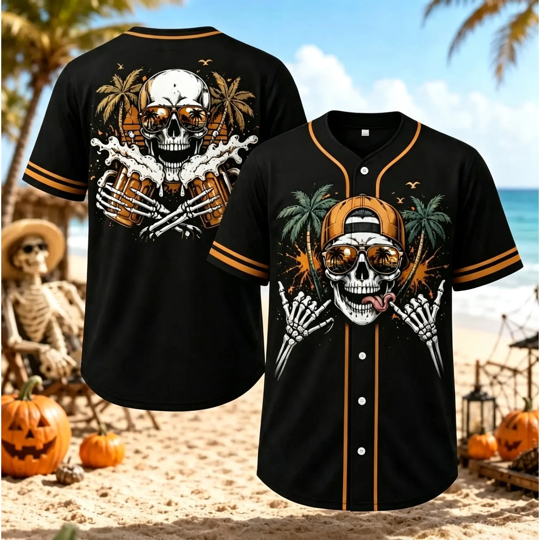 Summer Beach Skull Print Button‑Up Baseball Jersey, Double‑Sided Beer Palm Tree Graphic Shirt, Casual Holiday Party Short Sleeve Top,Beach Trip, Bar Gathering And Halloween Vacation #   TikTokMadeMeBuyIt #   TikTokShop # HalloweenVacationOutfit