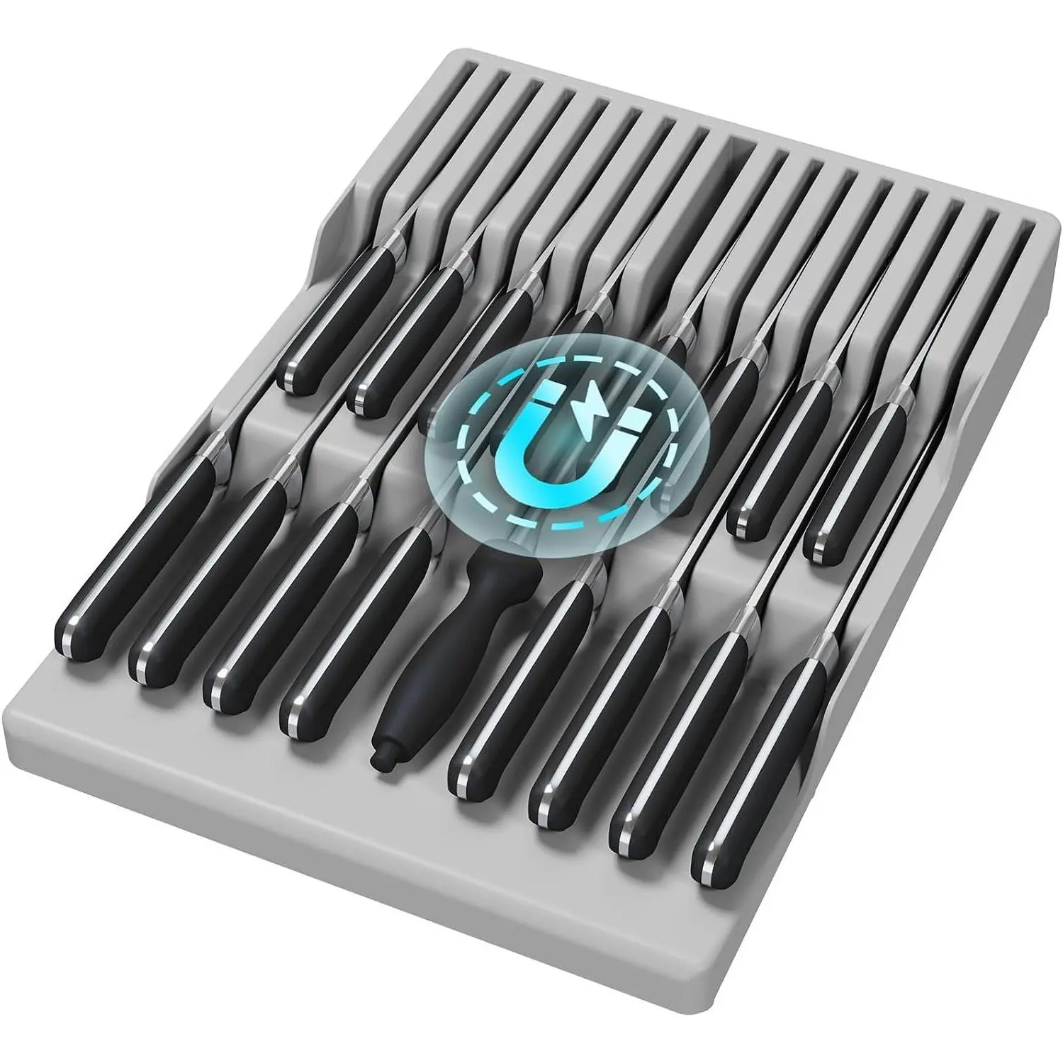 Magnetic Drawer Knife Organizer Insert for 16 Knives, Plastic In-Drawer Knife Block Slots, Steak Chef Knife Holder Storage for 16 Knives and 1 Sharpening Steel, Gray, 16.5 InchGift