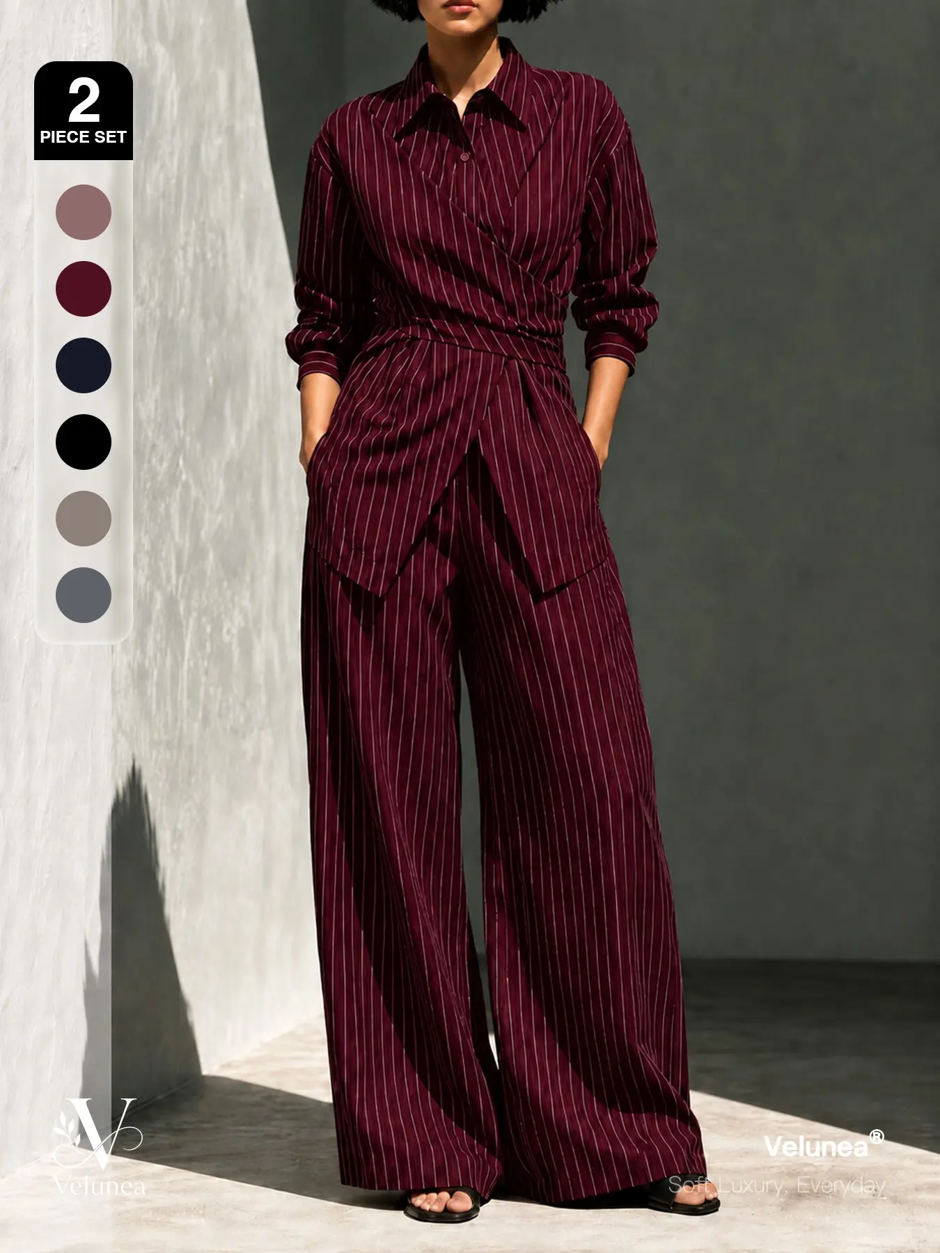 | 2-Piece Set | Velunea Women’s Pinstripe Shirt and Wide Leg Pants Set, Wrap Style Button Down Top with High Waist Trousers, Elegant Office Casual Outfit
