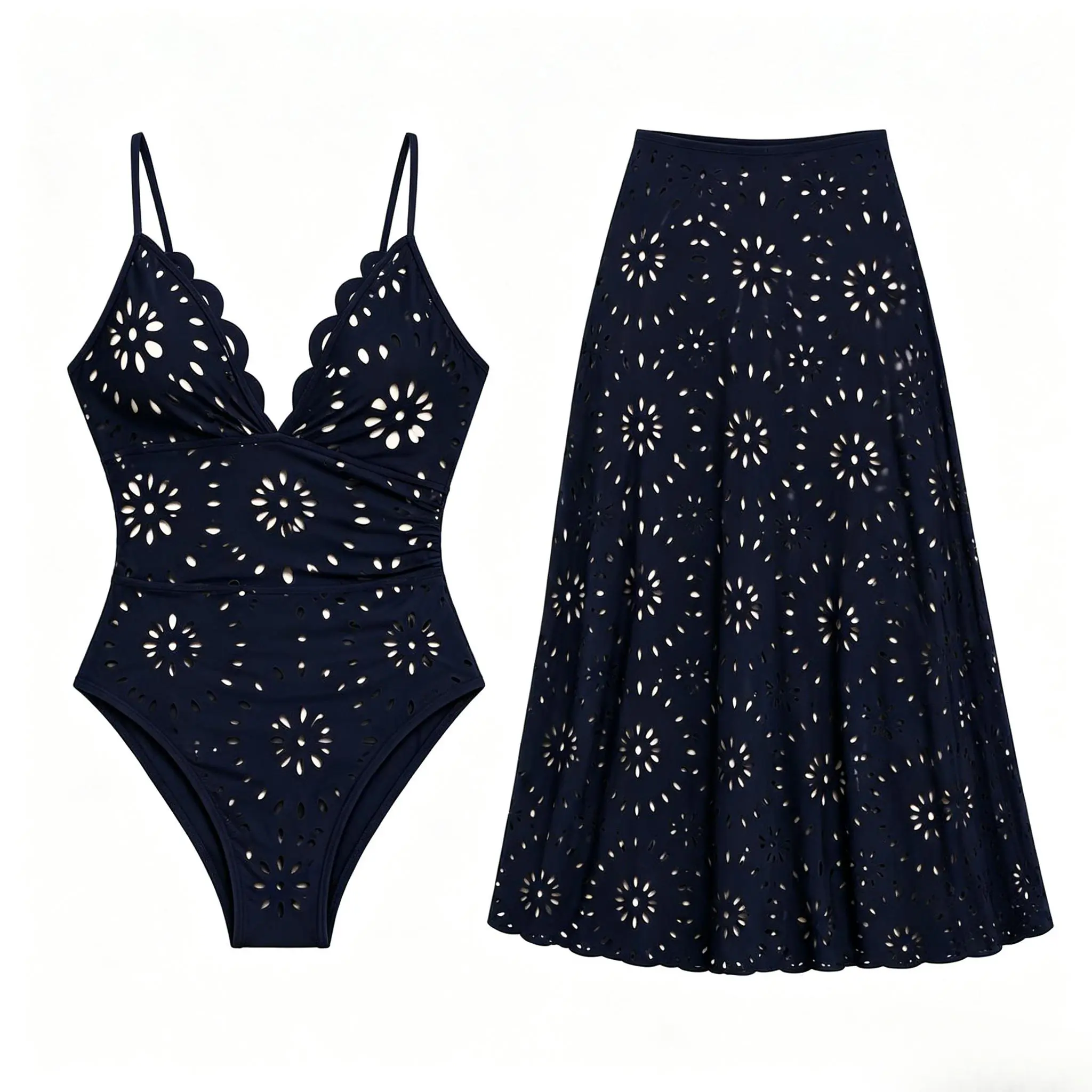 2026 New Women's Summer Resort Front-Cutout Cover Up - Navy Floral Spaghetti Strap Scalloped Neck Maxi Dress, Breathable Flowy Sporty Cover Up for Pool & Beach, Mesh Top, Tankini Swimwear, Chic Design, Spring Glow, Local Warehouse, Front-Cutout Cover Ups,