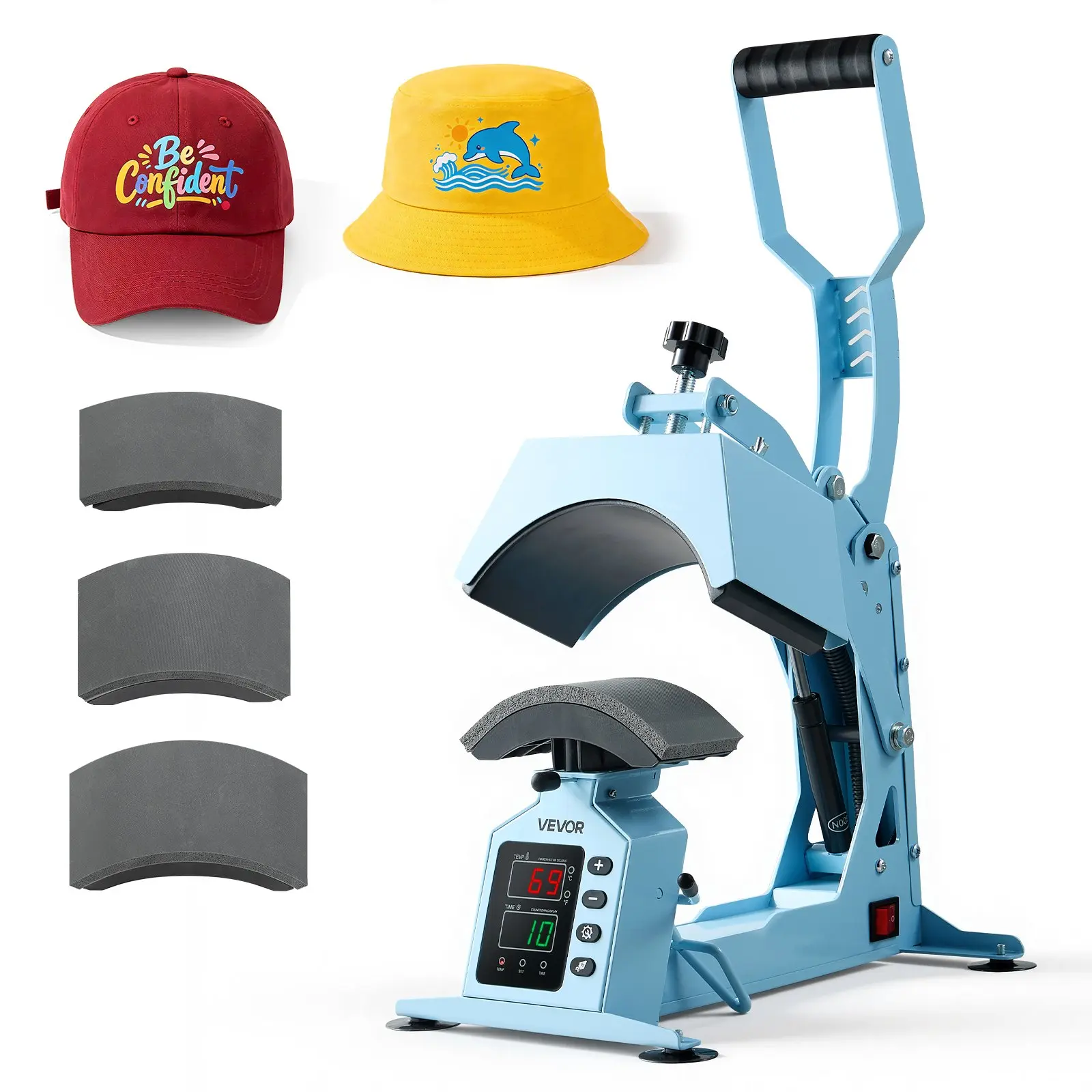 VEVOR 4-in-1 Hat Heat Press Machine, 580W, 4 Interchangeable Platens & Cap Stretcher, Auto Shut-Off, Precise Temp & Time Control, 14.2x8.5x13.8in 17lbs, for Cotton HTV Iron-On/Sublimation, Small Business Batch Production to Boost Output, Light Blue, 14.2,
