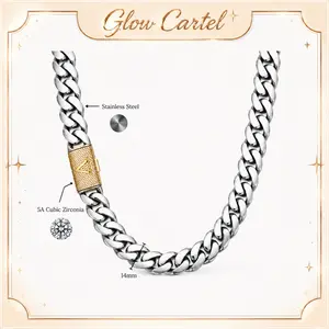New Arrival 14MM Silver Cuban Link Necklace with Gold A-Z Zircon, Stainless Steel Men's Accessories, Beach Essentials, Chains for Men, Hip Hop Street Style, Waterproof Tarnish Resistant Anti-Fade Cubic Zirconia Bling Luxury necklace