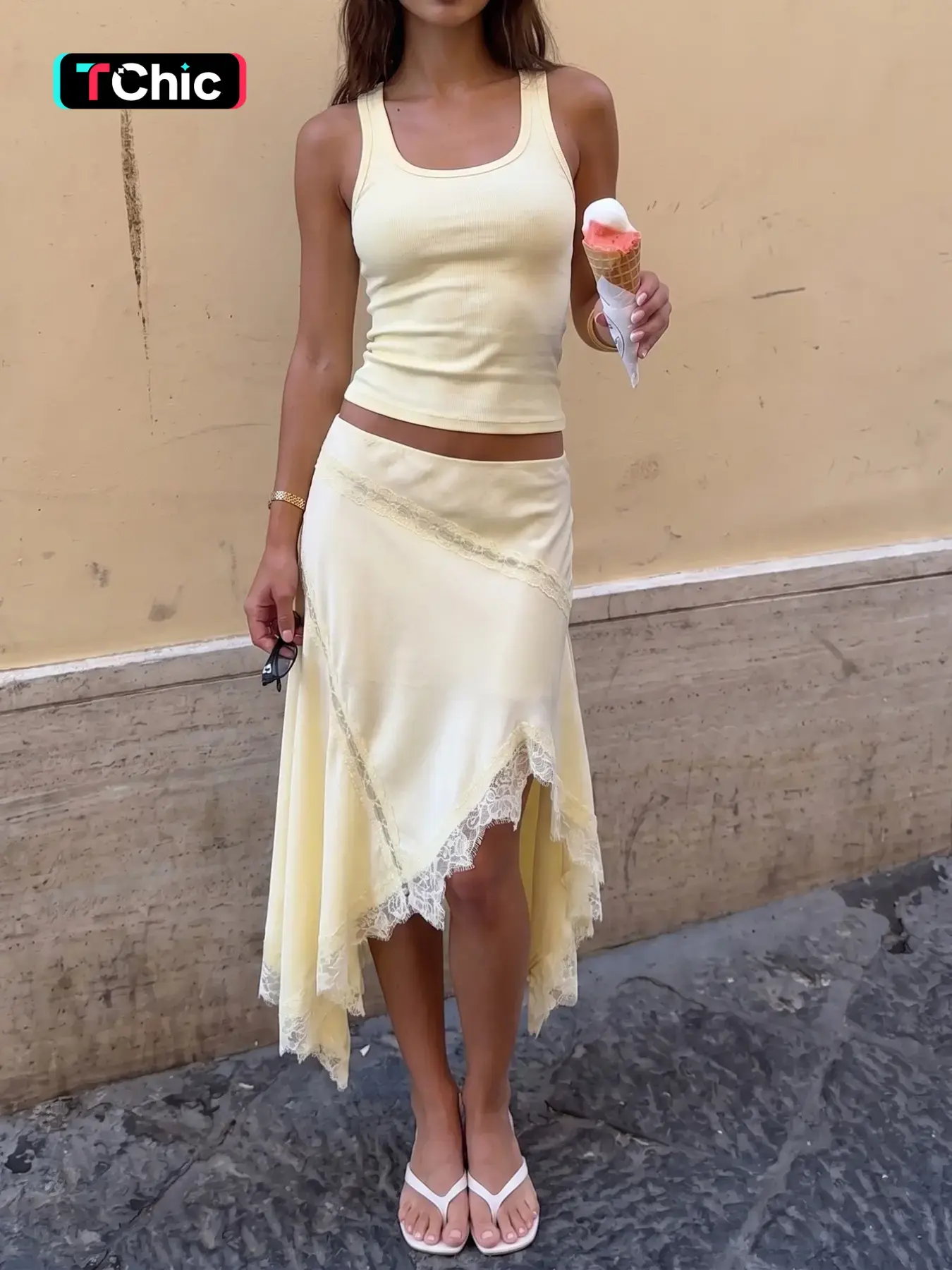 Women's Summer Satin Vacation High Low Skirt, Feminine Asymmetrical Hem Lace Patchwork, Beach Style Sexy Lightweight Dress, Trendy Fashion