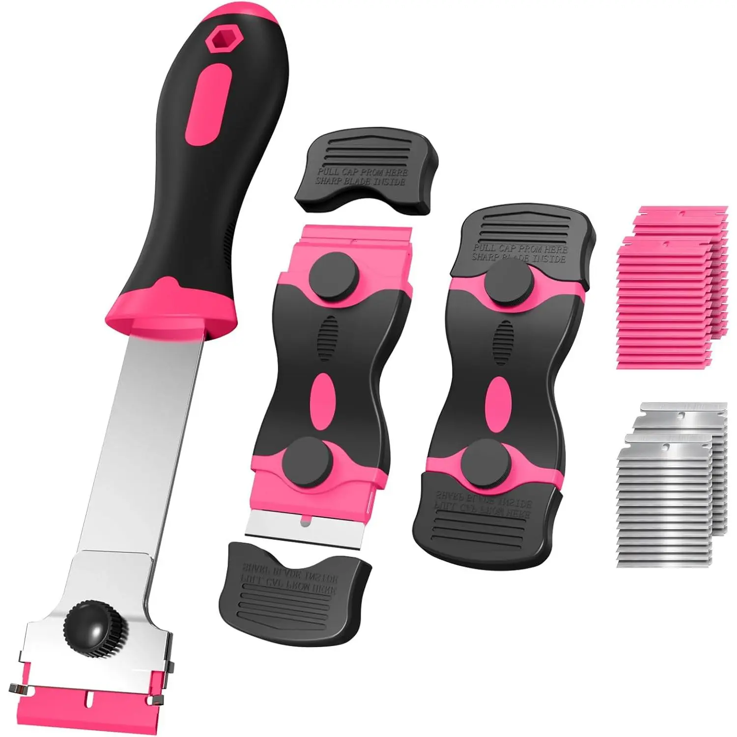 3 Pack Blade Scraper Set, Includes 30 & 30 Blades, Multi-Purpose Tool for, Cooktop, Sticker Removal, & Gum (Pink)