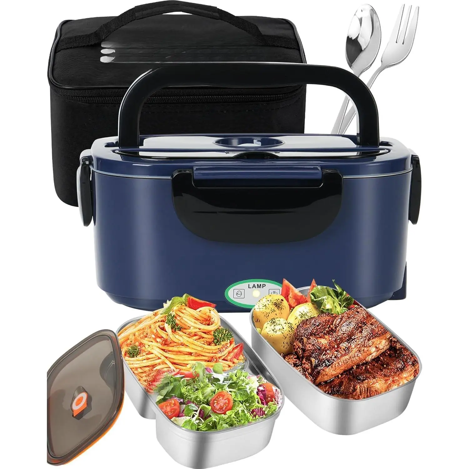 Electric Lunch Box Food Heater 80-100W, Food Warmer with Dual Container 1.5L Portable Heated Lunch Box for Car Truck Work Stainless Steel Fork & Spoon 12/24/110V for Adults Lonchera Eléctrica