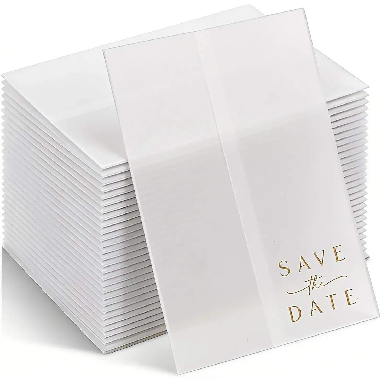 50-Pack Luxury Pre-Folded Vellum Jackets - 5x7 Translucent Vellum Paper Invitation Wraps, 105GSM Office Stationery for Wedding Save The Date Invitations (with Foiled Phrase Compatibility)