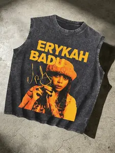 Vintage Wash Erykah Badu Portrait Sleeveless Tank Men, 90s Hip Hop Music Fan Cotton Muscle Vest