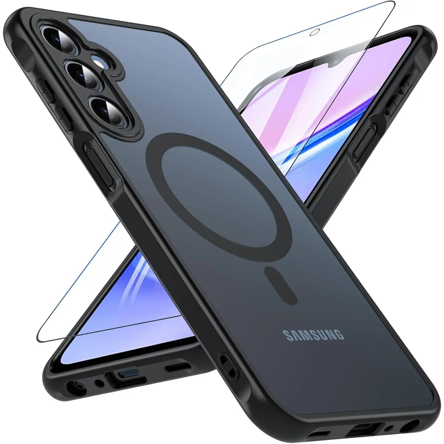 OWKEY Galaxy A15 5G Phone Case,Magnetic Samsung Galaxy A15 5G Case for Magsafe with Tempered Glass Screen Protector,[Shockproof Military] Translucent Back Slim Bumper Cover Samsung A15 5G case, Black