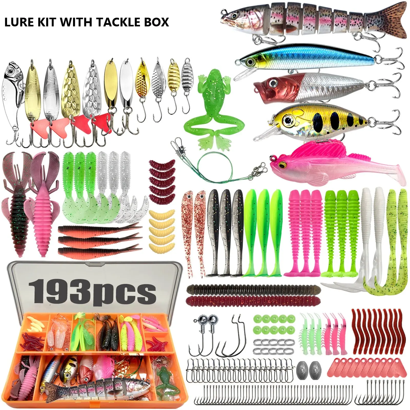 Multi-Fishing Lures with Tackle Box, Crankbaits, Spoon, Hooks, Weights, Fishing Bait Lure Gear Kit, Gift for Men, Bass Freshwater