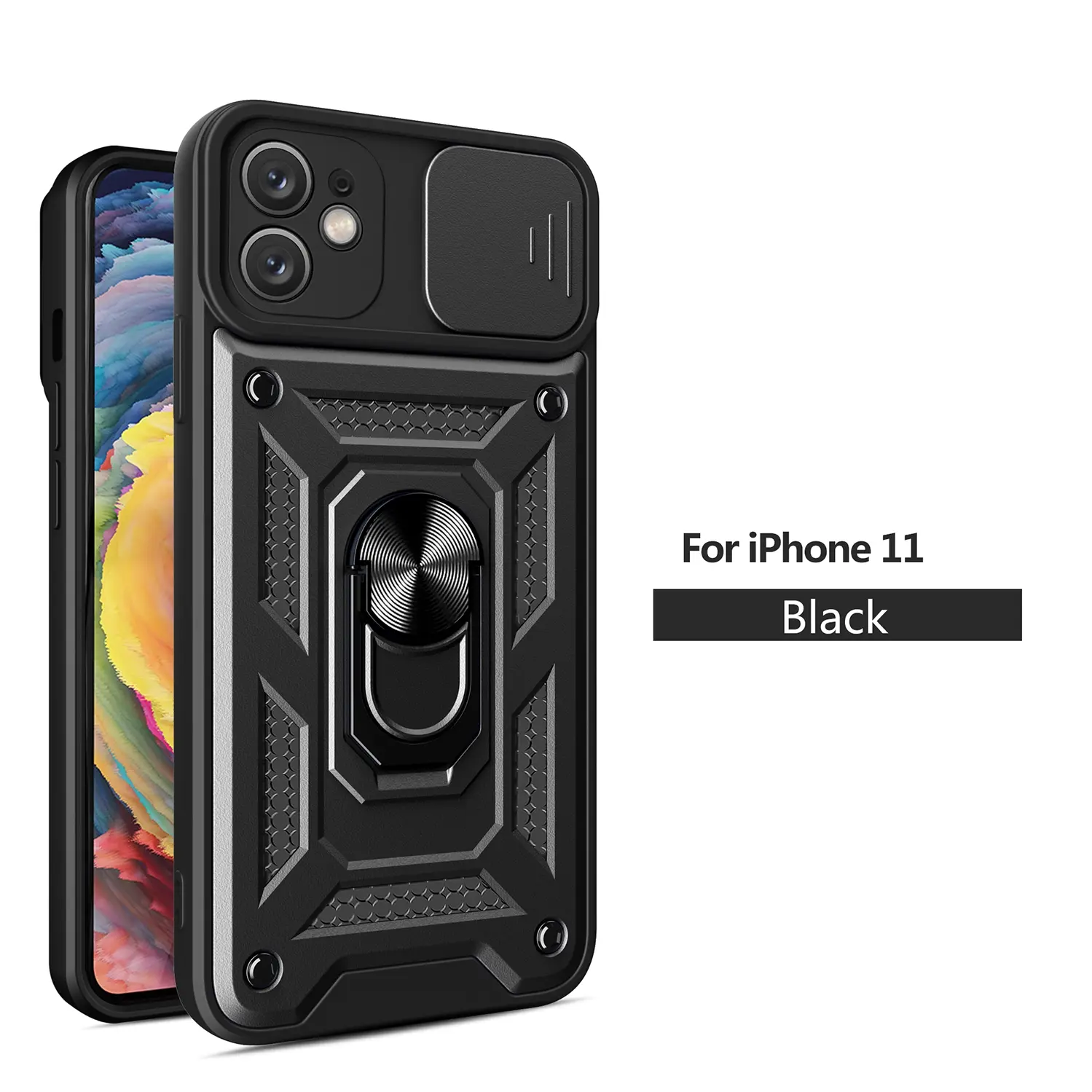 Case for iPhone 11 Shockproof Hard, Sliding Lens Dust Cover, 360° Adjustable Magnetic Ring Stand, for iPhone 11 Protective Phone Case, Durable Cellphone Shell