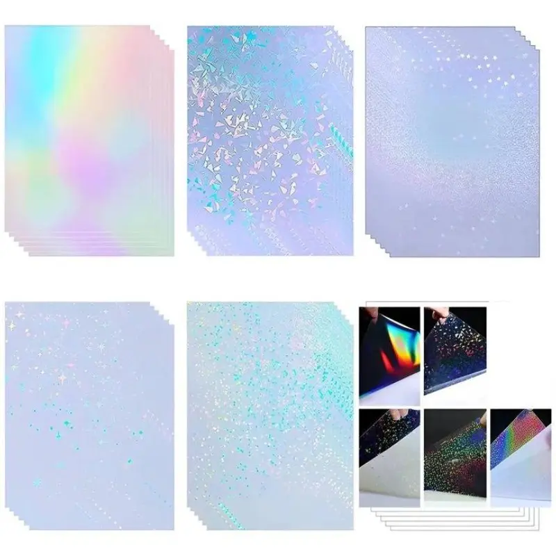 50 Sheets A4 Holographic Cold Lamination Film, 5 Assorted Styles, Self-Adhesive Protective Film for Decoration, Designs
