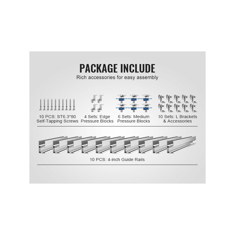 VEVOR Solar Panel Mounting Brackets, Solar Panel Mount Kit with 10x 4 Mini Rails, 4 End Clamps and 6 Mild Clamps, Solar Panel Mount Brackets for Metal Roof, Concrete Roof, Wood Roof, Tile Roof