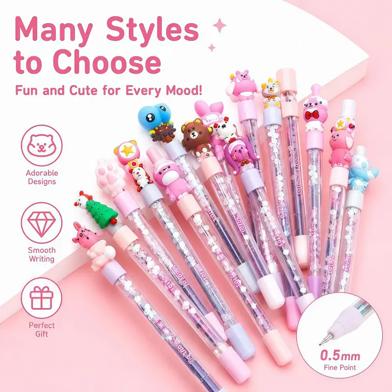 Pink Gel Pens Set of 5, 10 or 20, Cute 0.5mm Fine Point Black Ink Pens with Glitter Quicksand Design, Smooth Writing Aesthetic Pens for School Stationery, Office, Journals, Planner, Note Taking, Stationery Supplies and Student Gifts