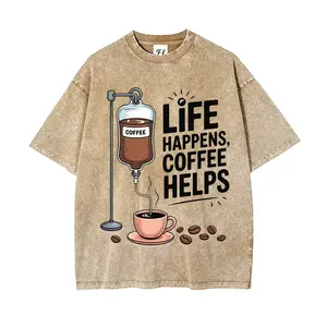 Unisex Plus Size Summer Washed Graphic Tee, Funny Coffee IV Drip "Life Happens, Coffee Helps" Text Print, 100% Cotton Round Neck Casual Oversized T-Shirt, Men Women Y2K Streetwear Top
