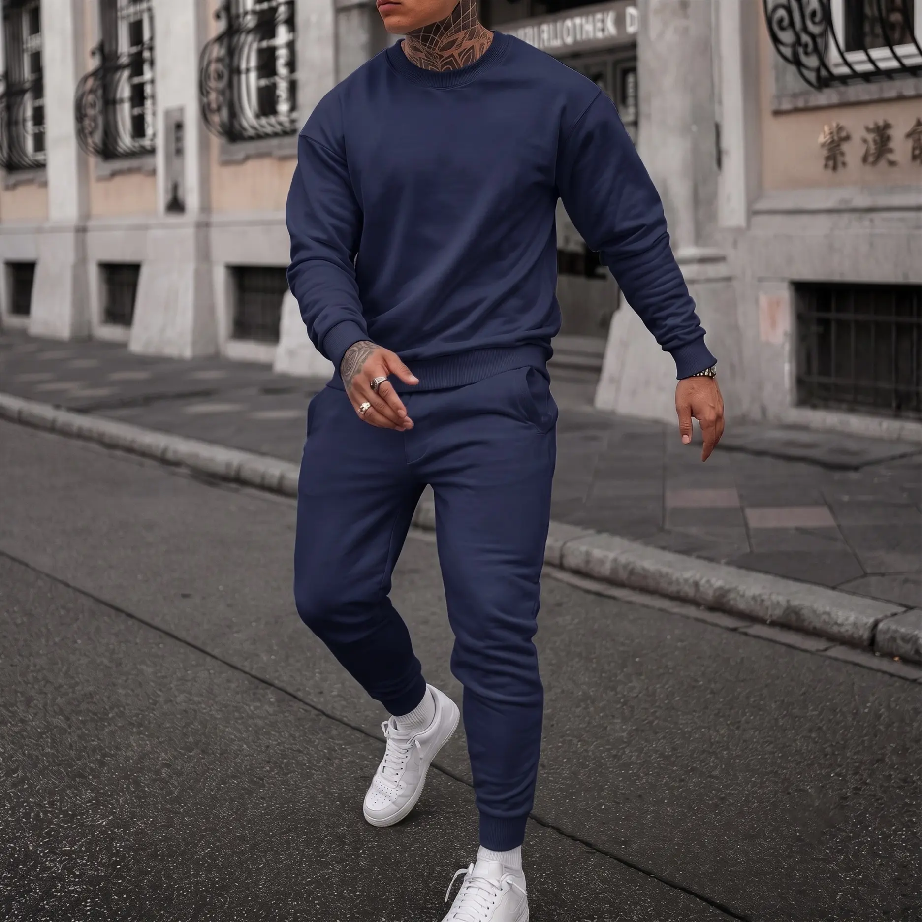 Men's Solid Crewneck Sweatshirt and Jogger Pants Set, Casual Long Sleeve Pullover with Drawstring Sweatpants, Comfortable Fall Winter Tracksuit for Daily Wear, Travel, Lounge, Workout and Indoor Outdoor Activities