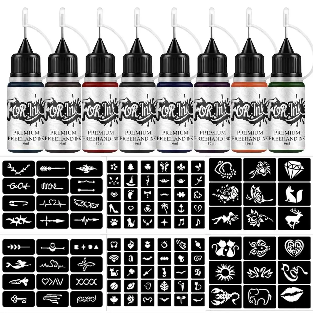 DIY temporary tattoo set with 8 colored inks & 102 stencils, easy to create body art for men and women. Vibrant pigment, perfect for party looks and Christmas gifts.