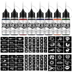 DIY temporary tattoo kit with 8 colored inks & 102 stencils, easy to create body art for men and women. Vibrant pigment, perfect for party looks and Christmas gifts.