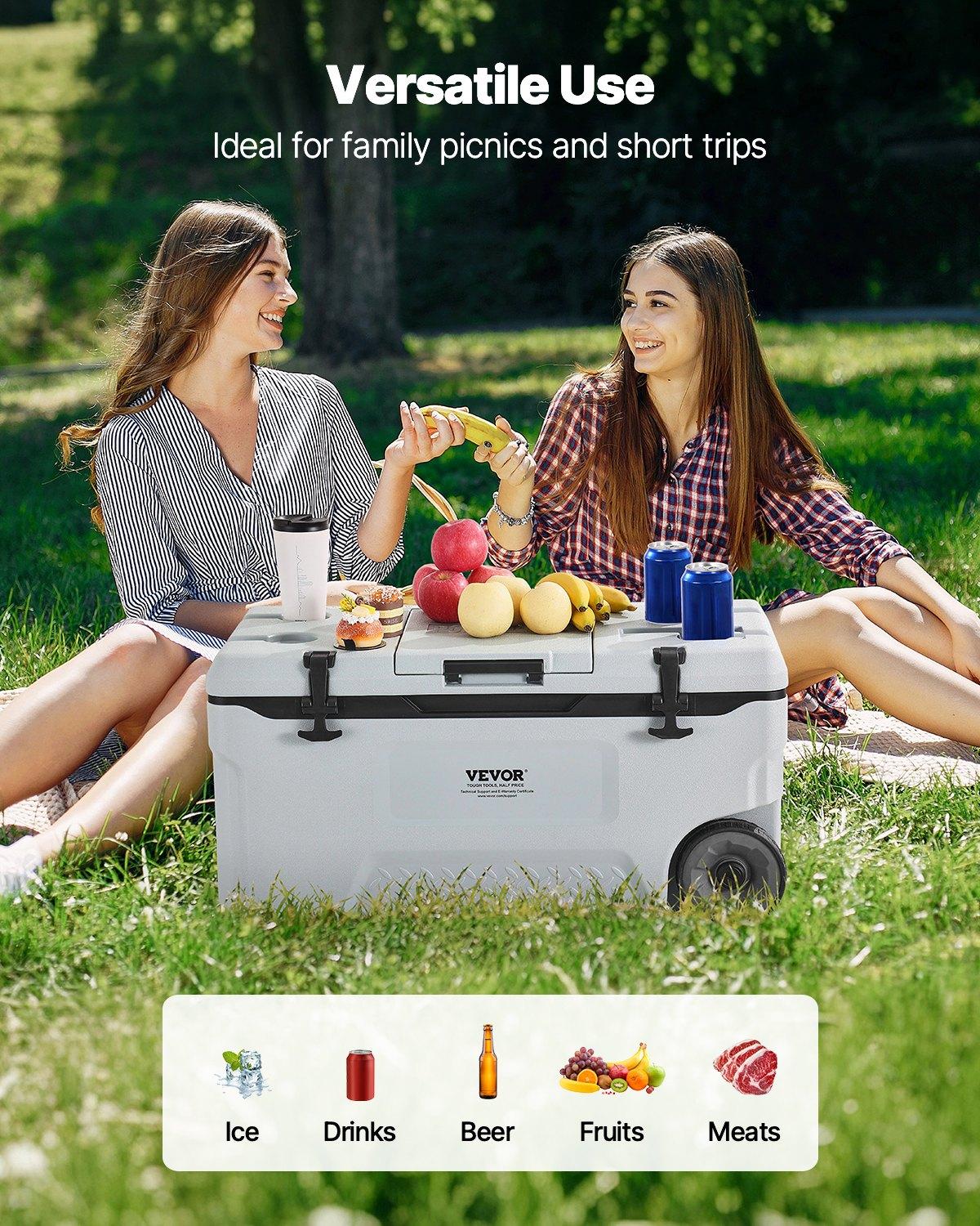 VEVOR Portable Cooler, 74 QT Wheeled Cooler with Ice Retention, Heavy-Duty Handles and Cup Holder, Lightweight Rigid Material Insulated Portable Cooler, Suitable for Family Picnics and Long Trips