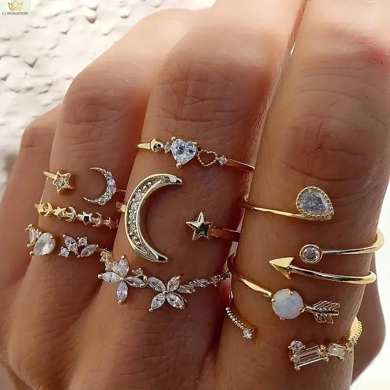 9 Pcs Stackable Rings Set for Women, Adjustable Open Midi Rings with Star Moon Heart Flower Crystal Zircon Designs, Minimalist Thin Band Layered Finger Jewelry, Gold & Silver Two Tone Delicate Rings for Daily Wear, Party, Wedding Gift
