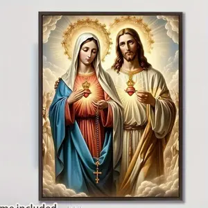 Frameless canvas painting of the Sacred Heart of Jesus and the Virgin Mary, religious oil painting poster, 12x16 inches, suitable for spiritual home decoration in living rooms, bedrooms, offices, and cafes; frameless wall art.