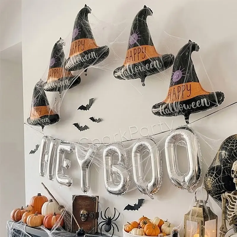 11pcs Witch Hat Aluminum Foil Balloons, Halloween Happy Banner, 16-Inch Silver Color Heyboo Letters, Party Decoration Props