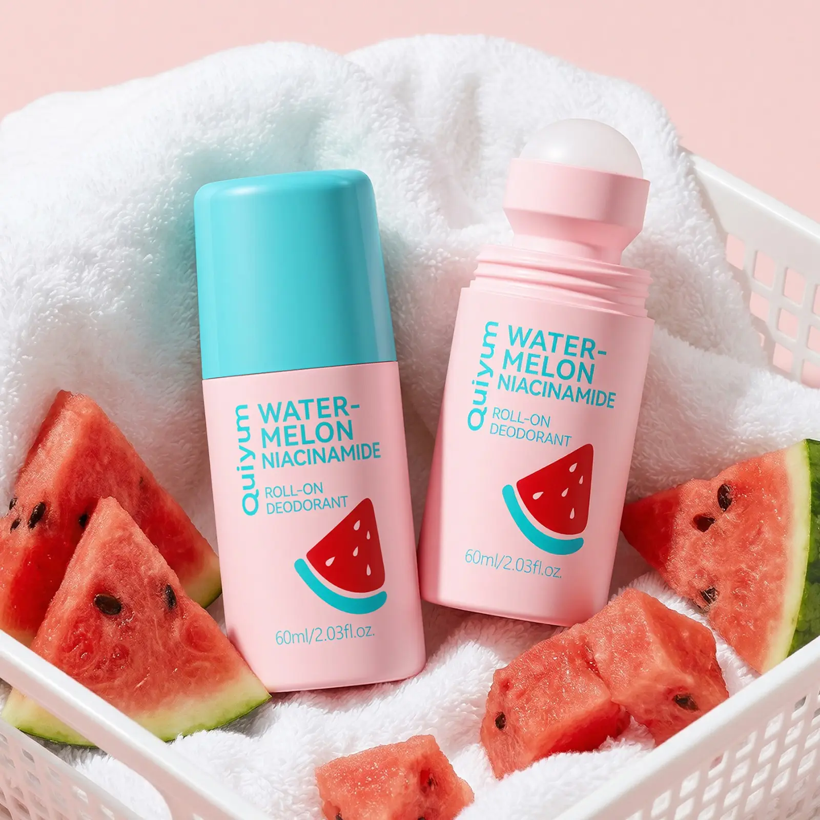 QUIYUM Watermelon Niacinamide Roll-On Deodorant for Women & Girl, Long-Lasting Odor Defense & Underarm Smoothing Liquid with Hyaluronic Acid & Vitamin B5, Fresh Fruit Scent Daily Body Care