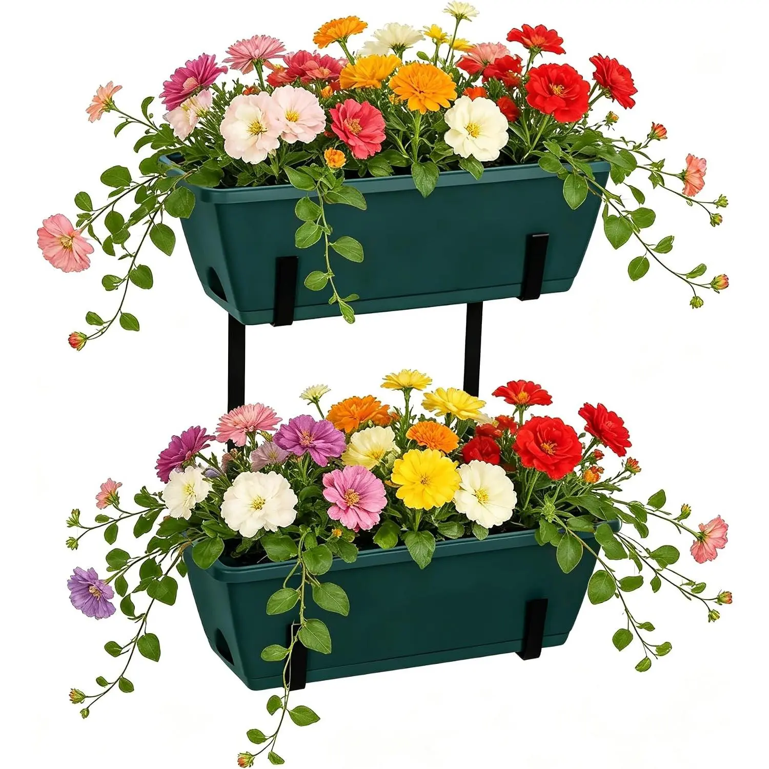 2 Pack Window Boxes Planters 17’’ Railing  Planter Boxes for Outdoor  with Double Adjustable Brackets Rectangle Deck Railing Flower Pots  Planter for Fence Patio Balcony