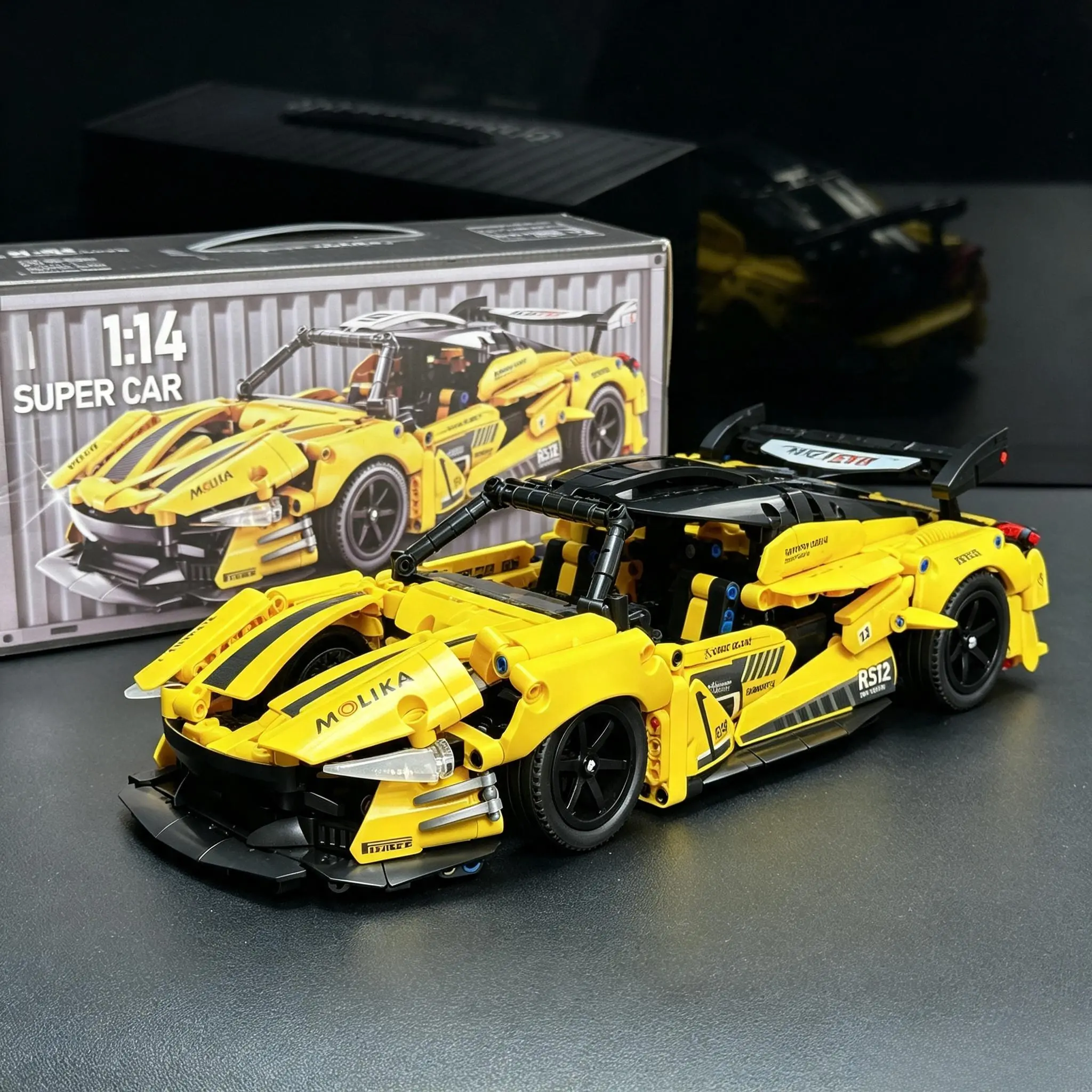 1:14 Classic Yellow Sports Supercar Building Blocks Race Car Model, Highly Restored Racing Car Bricks Kit, DIY Assembly Speed Vehicle Construction Toy, Collectible Supercar Model, Creative Desktop Ornament, Holiday Present for Boys Teenagers Adult