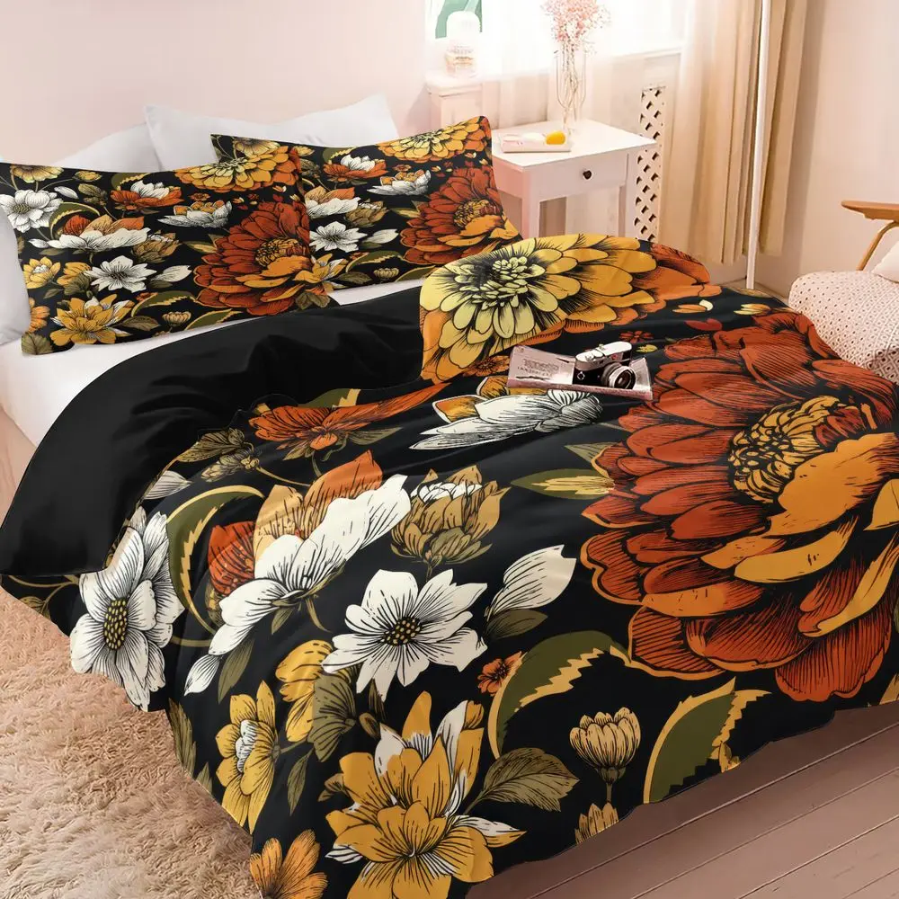 2/3Pcs Boho Floral Duvet Cover Set, Vintage Botanical Bedding Set for Bedroom, Soft Microfiber Bedding with Pillowcase, Aesthetic Dark Floral Print Duvet Cover for Fall Home Decor No Fillers