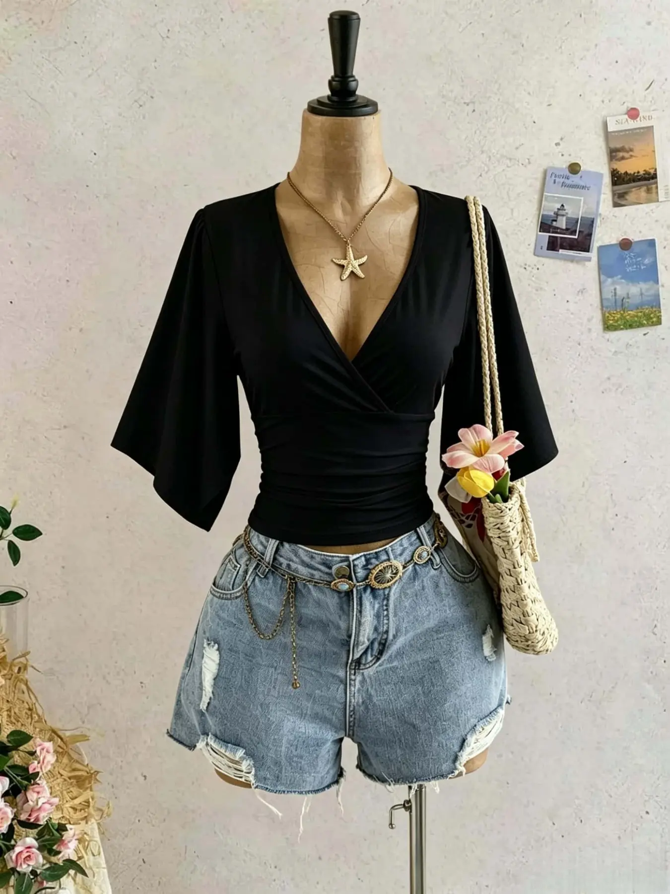 French Pure Desire Style Deep V Neck Cross Waist Flutter Sleeve Loose Short Top, Casual Streetwear, Date Outing, Commute Outerwear, Fashion