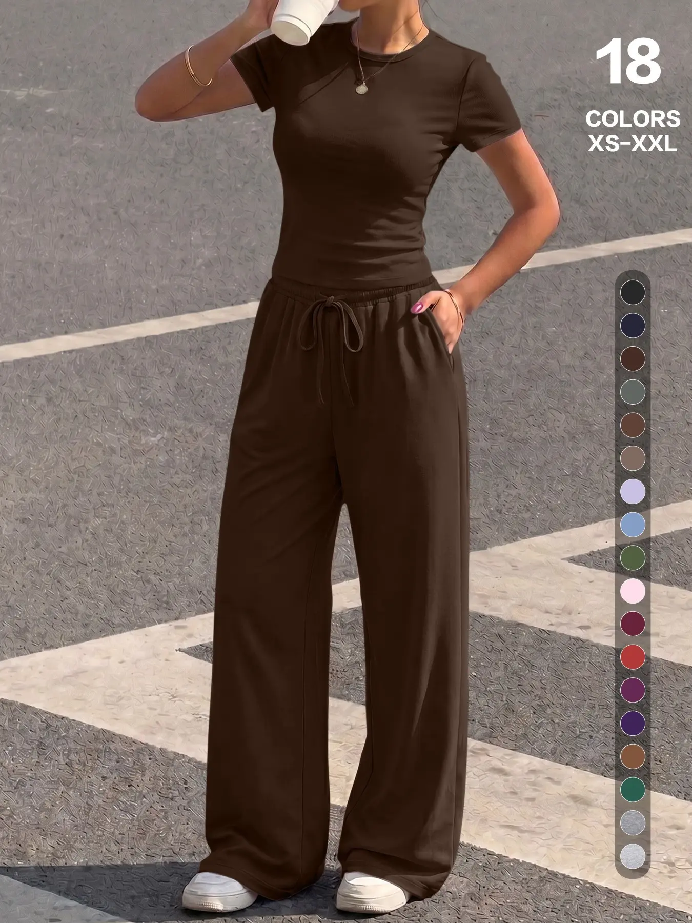 Summer Minimalist Basic Matching Set, Form-Fitting Short Sleeve Top & Drawstring Wide Leg Trousers, Casual Co-Ord Set, Instagram Viral Aesthetic Daily Wear