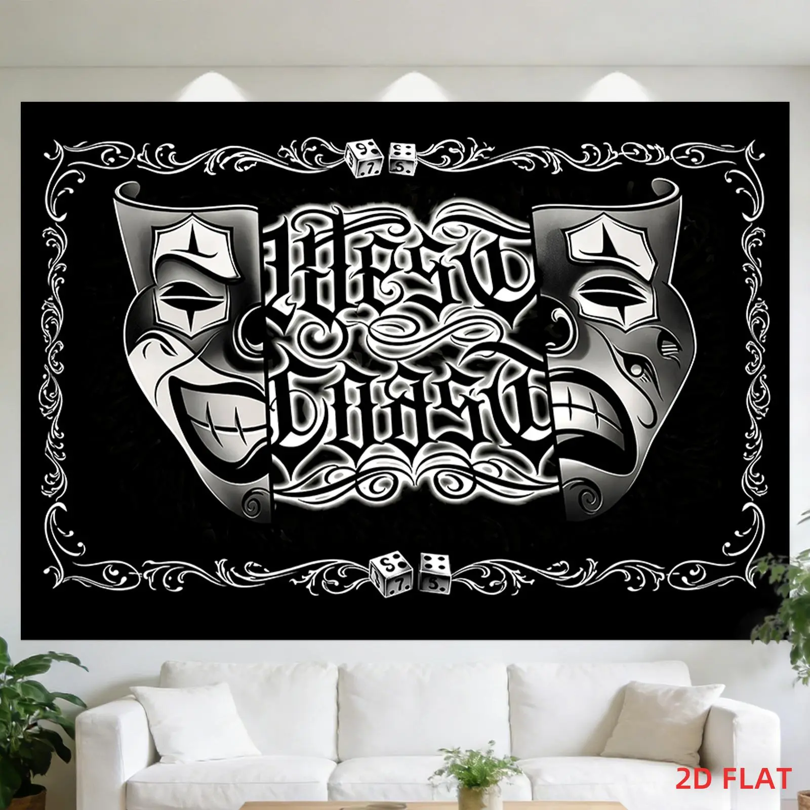 Tapestry Comedy And Tragedy Masks, Gothic Font, Frames, Dice, Decorative Border, Room Wall Decoration, Not Luminous, Suitable for Bedroom, Living Room, Meditation Area, Office