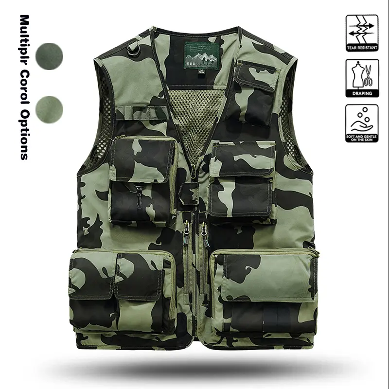 Outdoor camouflage multi pocket tactical vest men's summer breathable mesh fishing vest photographer workwear sleeveless camisole
