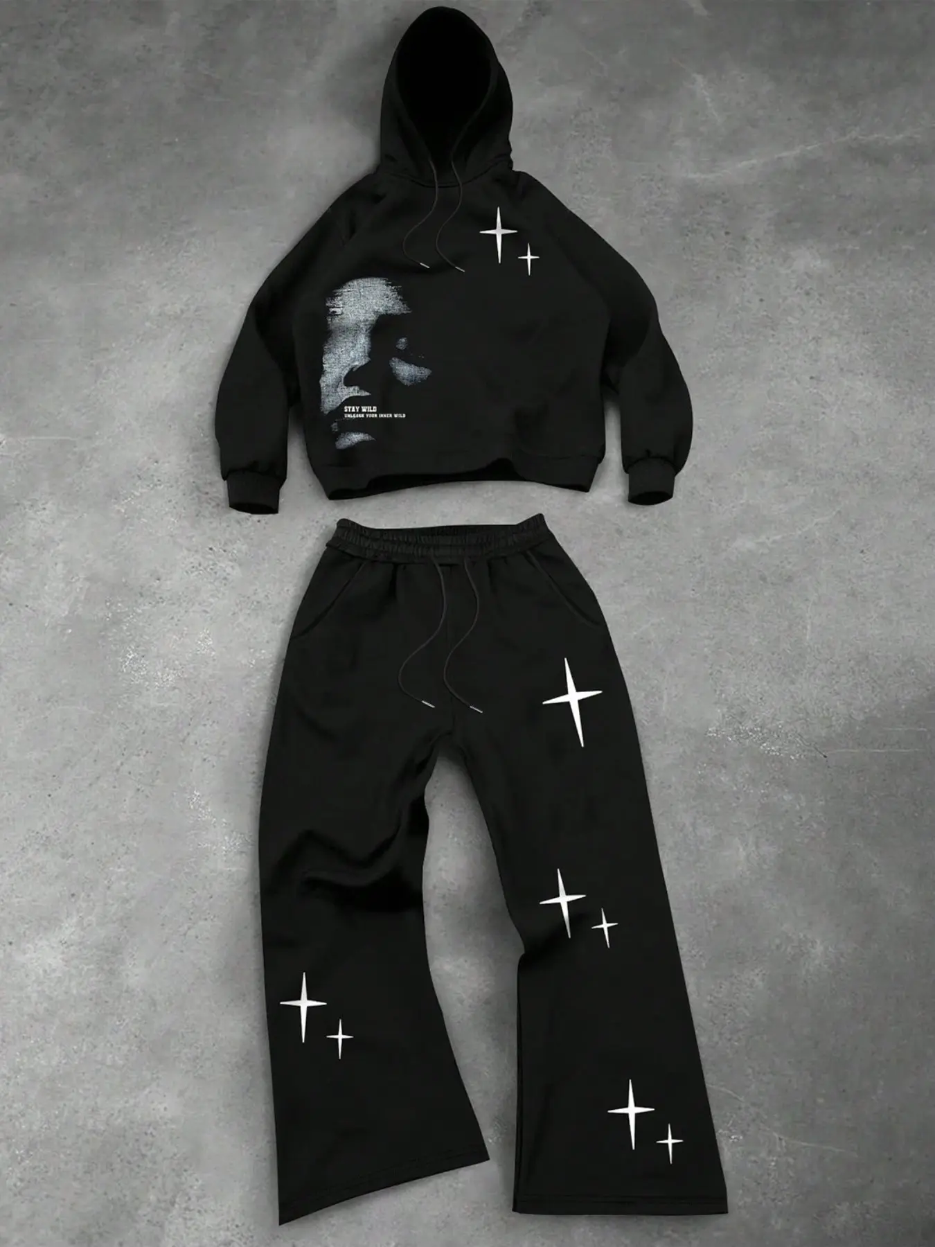 Unisex Y2K Star Graphic Hoodie and Sweatpants Set | Vintage Washed Black Aesthetic Lounge Set for Campus, Streetwear & Everyday Wear