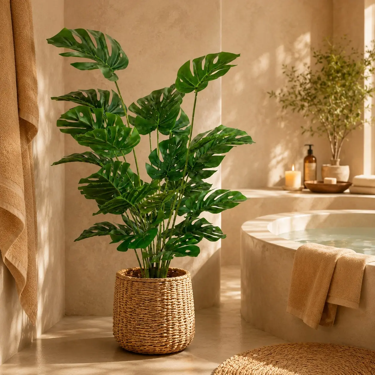 Artificial Monstera Plant 37.4 Inch Faux Floor Greenery, Fake Greenery Tree with Black Pot Decorative Stones Tropical Leaf Decor for Home Office Living Room Bedroom DIY Arrangement Birthday Decoration Gift Vase Styling Indoor Outdoor Corner Accent