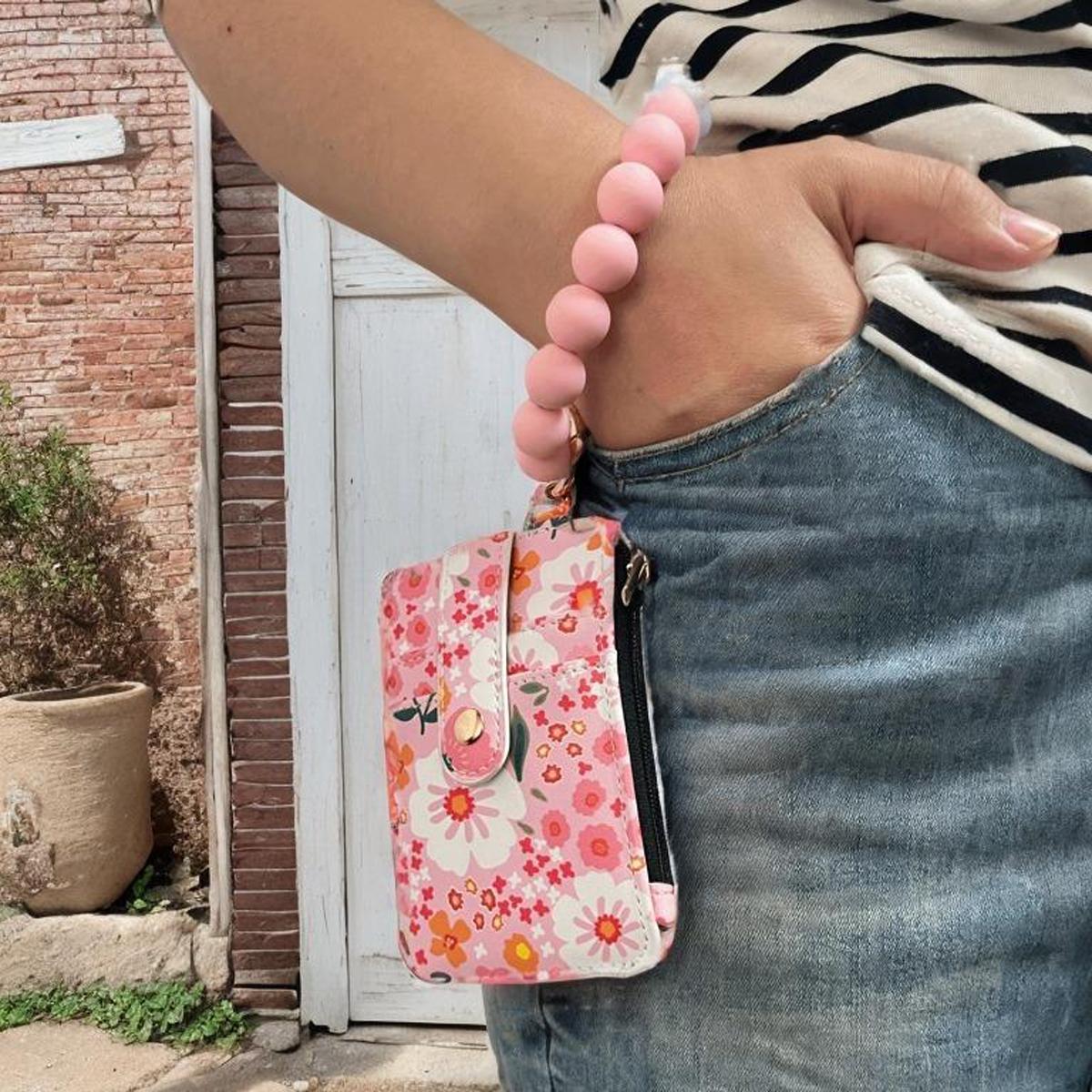 Floral PU Leather Zipper Wallet & Keychain with Silicone Bead Bracelet,Boho Style Wristlet Small Credit Card Holder Bracelet Key Chain Purse Bangle Tassel Beads for Women,  Valentine’s Day, or Everyday Use, Versatile Wallet | Chic Bracelet Wallet
