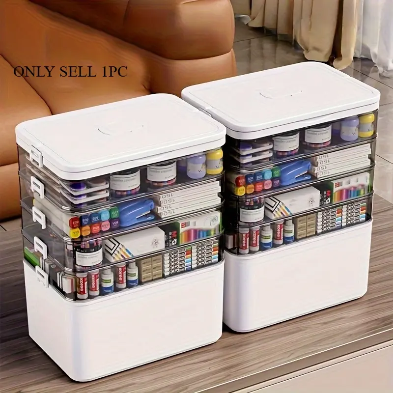 Multi-layer, multi-purpose plastic storage box with handle - no assembly required, ideal for craft storage, sewing tools, medicines, hair accessories, art supplies, medical storage, cosmetics, and toys, available in 4 sizes
