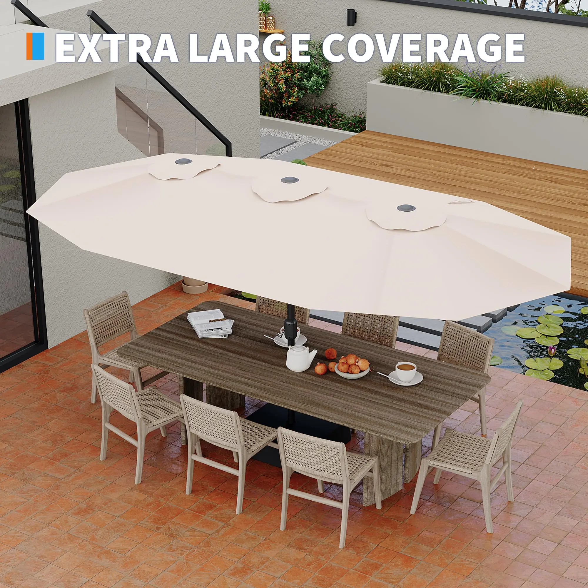 OP-15FT Extra Large Outdoor Rectangular Patio Umbrella  – Large Outdoor Market Umbrella for Poolside, Lawn & Backyard, Oversized Shade for 4-6 Person Tables